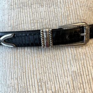 BRIGHTON Black Embossed Leather Belt. Silver buckle Size ML 32” 4B303.